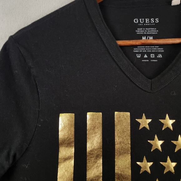 VTG GUESS Mens Gold American Flag Foil Graphic V-Neck T-Shirt M Black Patriotic - Picture 4 of 8